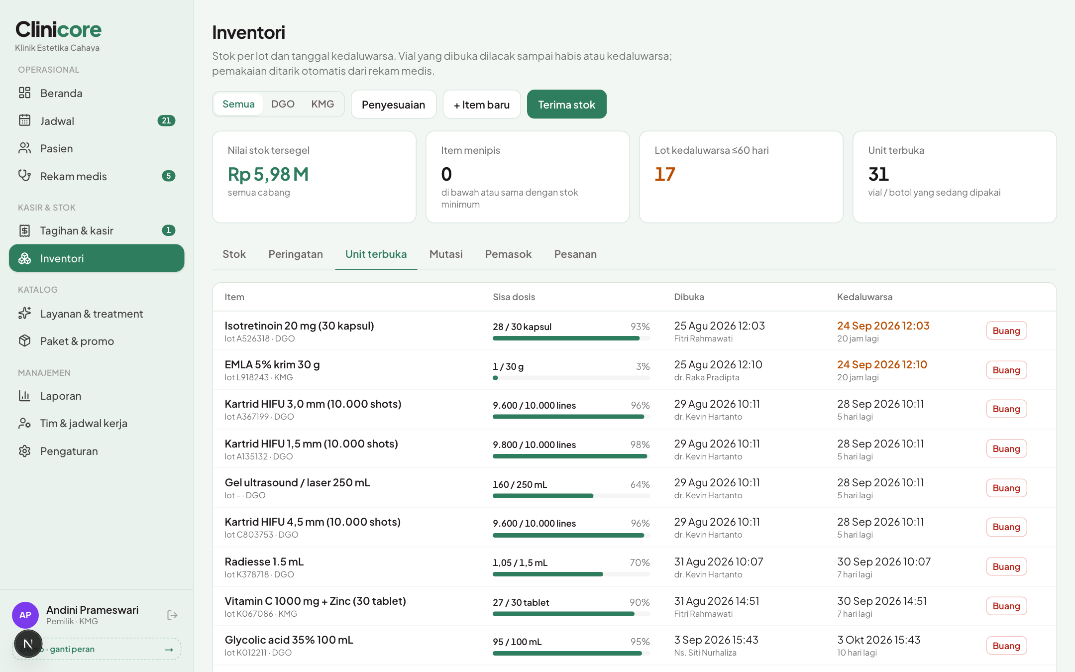 Stok berkurang otomatis dari vial yang sedang dipakai